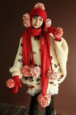 warm knitted hat ,red warm three-piece