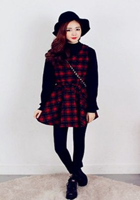 Black fedora hat with red plaid dress