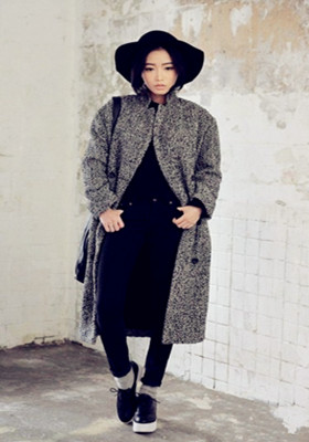 Black fedora hat with long straight coat 