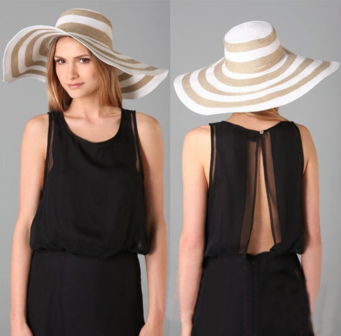 Wide-brimmed straw hat with white and khaki stripes design
